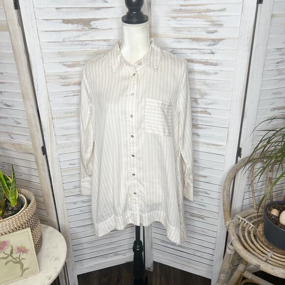 SOFT SURROUNDINGS Women's Med Lorimer Tencel Striped Button Front Tunic Top Tan - Picture 3 of 14